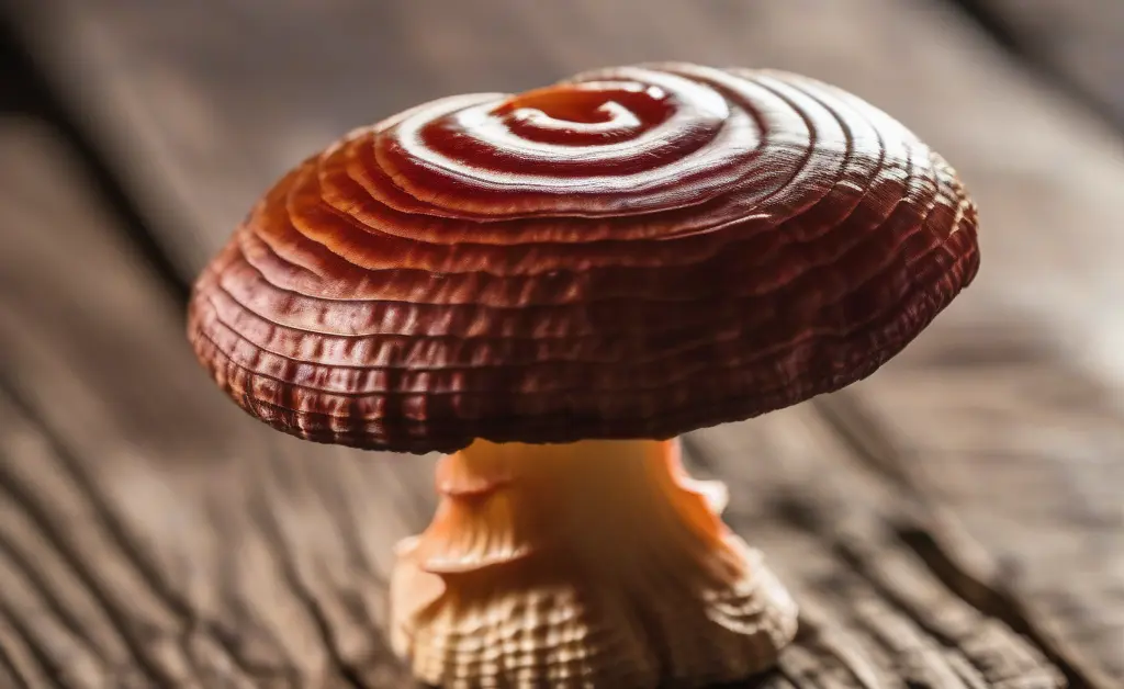 A close-up of reishi mushroom for sleep placed on a wooden table with soft natural light highlighting its rich textures and soothing colors.