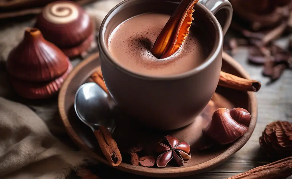 A warm cup of reishi mushroom hot chocolate on a wooden table surrounded by fresh reishi mushrooms and cacao pods in soft natural light.