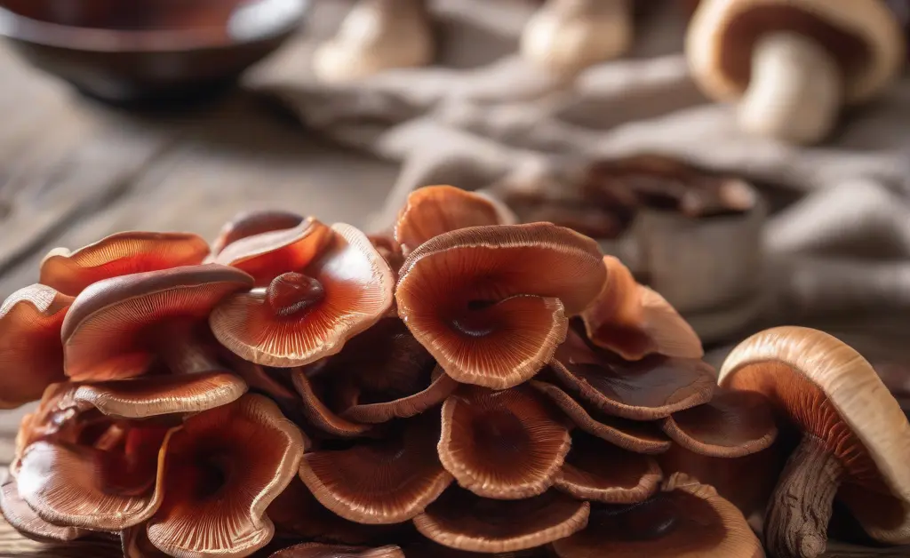 A close-up of fresh and dried reishi mushrooms on a wooden table symbolizing reishi mushroom interactions in natural health.