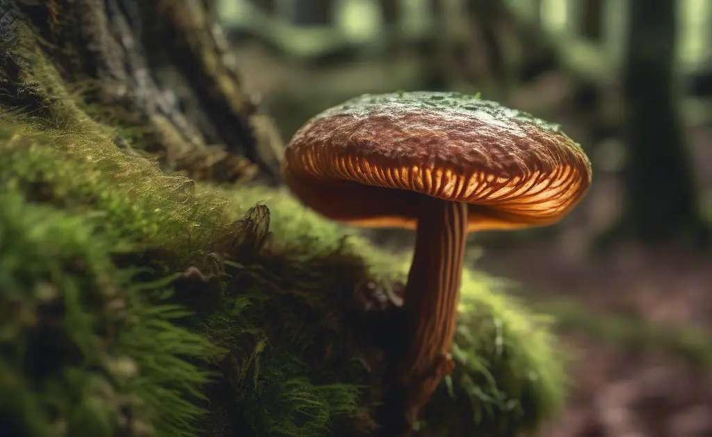 A close-up of a reishi mushroom ireland growing naturally on a moss-covered tree trunk in a lush Irish forest.