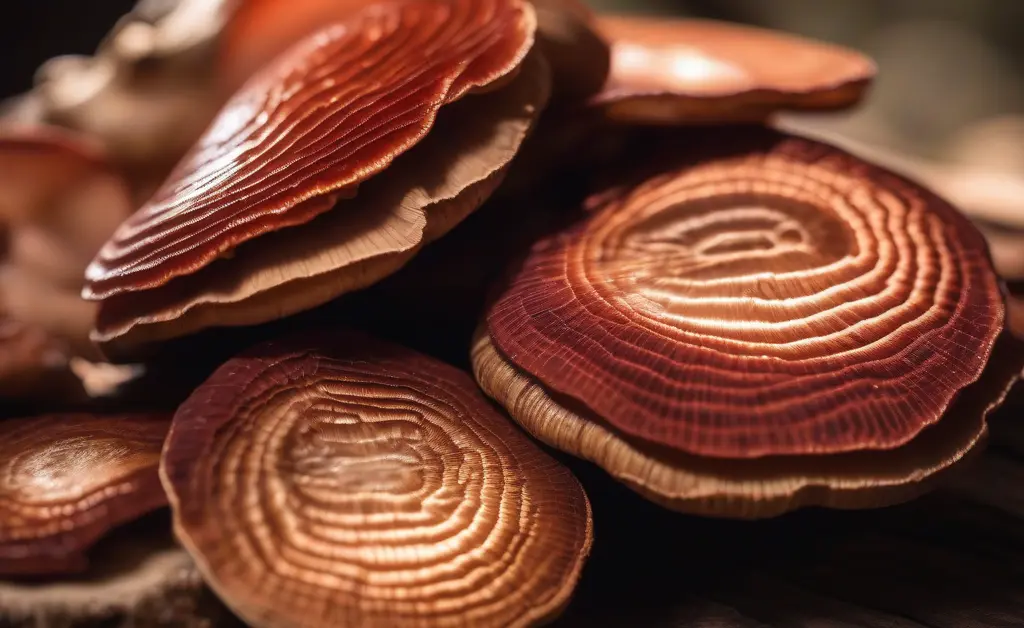 Close-up of fresh reishi mushroom japan displayed on a wooden table with natural sunlight highlighting its texture and rich colors.
