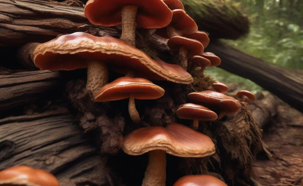 Close-up of fresh reishi mushroom kenya growing on a natural log in a shaded forest with soft natural light highlighting its rich reddish-brown color and glossy texture.