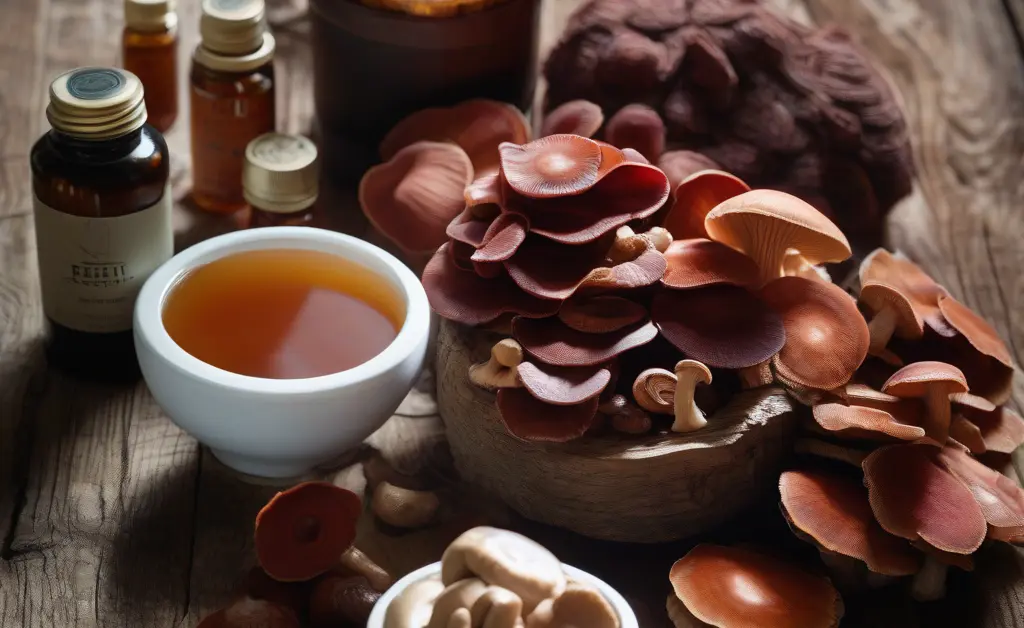 Close-up of a wooden table displaying various reishi mushroom supplements and dried reishi mushrooms with the label reishi mushroom kuwait prominently featured, surrounded by natural light highlighting their texture.