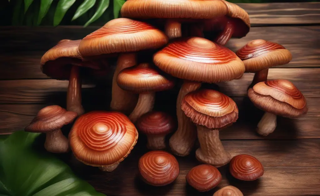 Close-up view of fresh reishi mushroom malaysia displayed on a wooden table with tropical greenery in soft natural daylight.