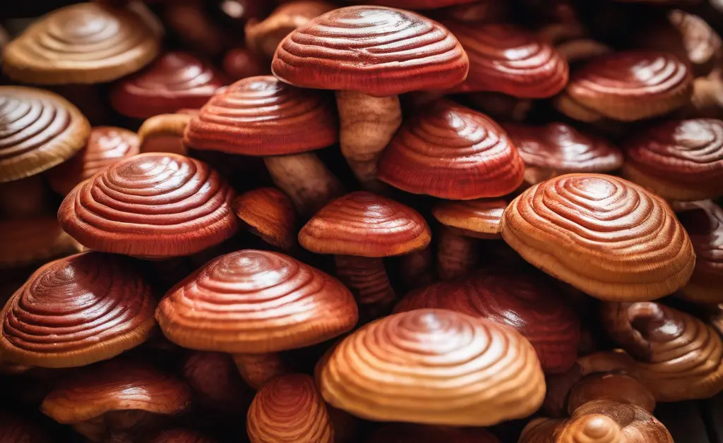 A close-up of fresh reishi mushroom morocco displayed on a market stall in Morocco, highlighting natural textures and colors.