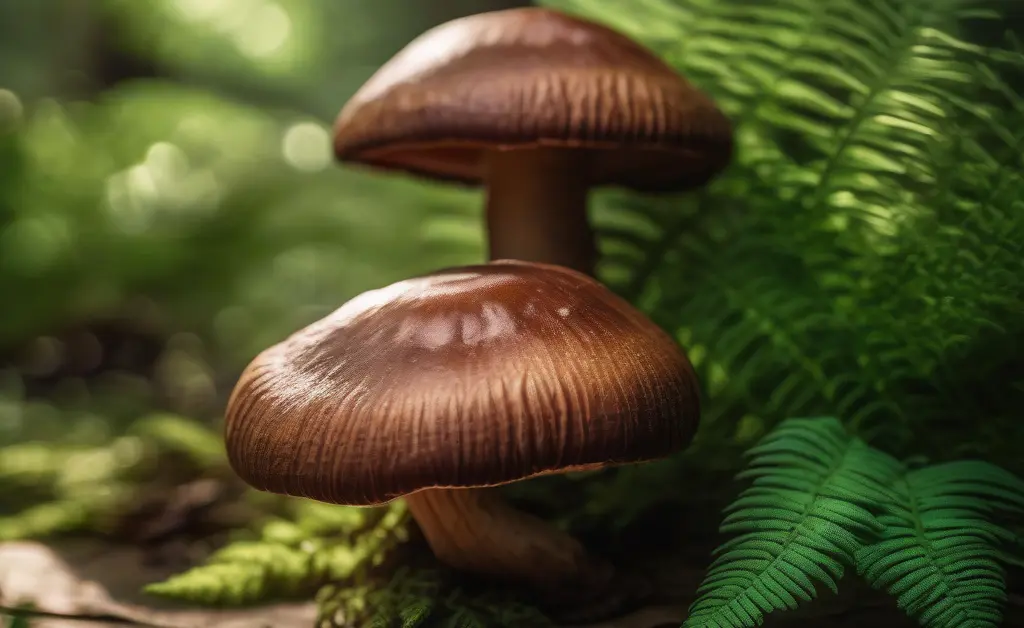 A close-up of reishi mushroom nz displayed on a wooden surface surrounded by fresh green ferns under soft natural light.