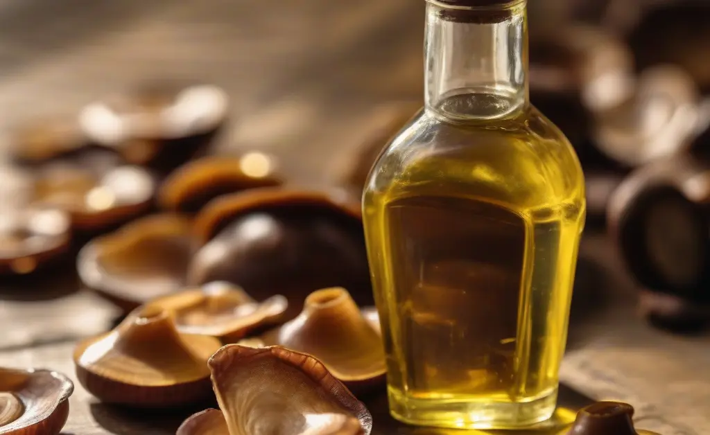 Close-up photo of a glass bottle filled with reishi mushroom oil surrounded by fresh reishi mushrooms on a wooden surface in natural light.