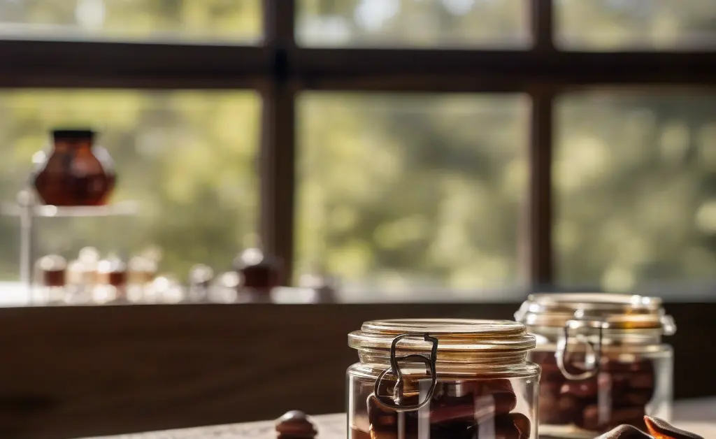 A selection of premium dried reishi mushrooms beautifully arranged alongside glass jars of reishi mushroom capsules and extracts, showcasing the variety of options available when shopping reishi mushroom online.