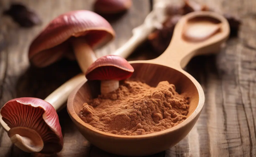 Close-up of healthy reishi mushroom powder heap on a wooden spoon with fresh reishi mushrooms in the background