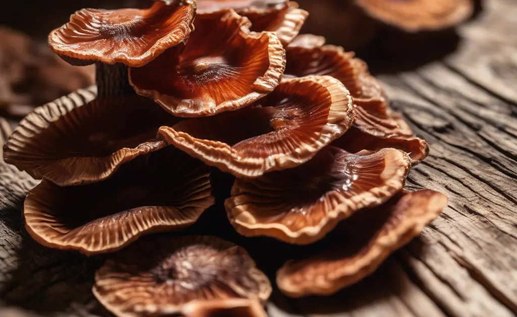 A detailed close-up of dried reishi mushrooms arranged on a wooden table illustrating variations that affect reishi mushroom price.