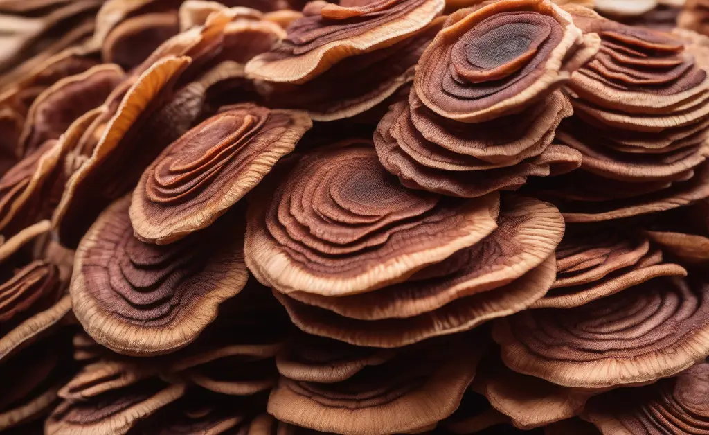 A close-up of stacked dried reishi mushrooms highlighting factors influencing the reishi mushroom price per kg on a wooden market table.