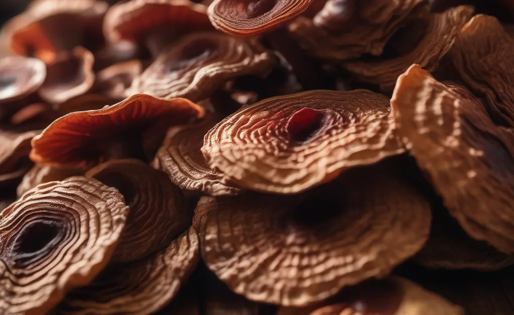 Close-up shot of dried reishi mushrooms stacked on a rustic wooden table illustrating the concept of reishi mushroom price per kg in india in a natural market setting.