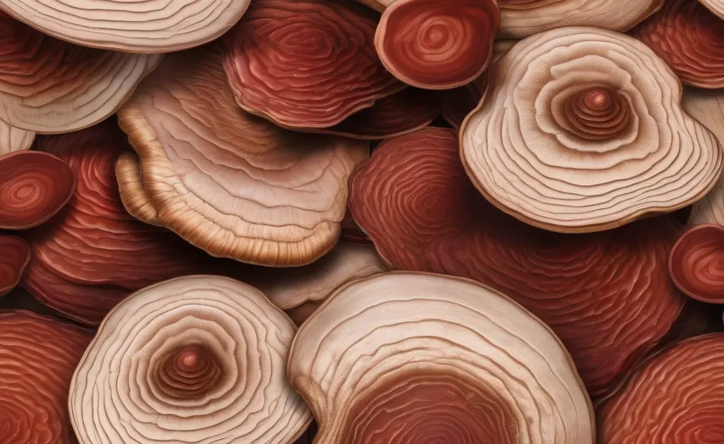 Close-up of reishi mushroom qatar arranged on a rustic wooden table with natural light highlighting their rich textures and earthy tones.