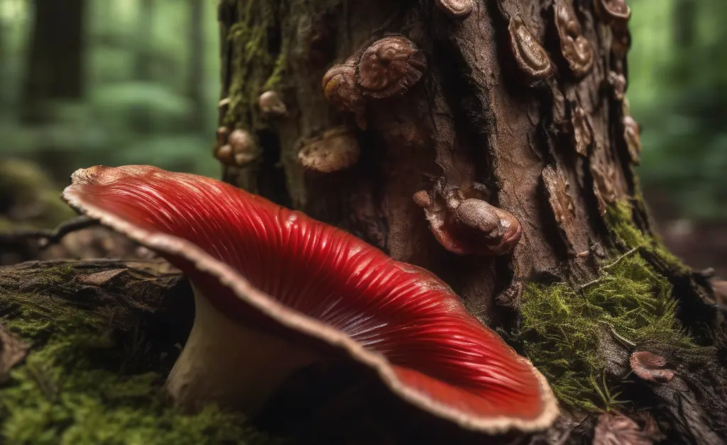 Close-up of fresh reishi mushroom growing on a tree trunk illustrating reishi mushroom side effects awareness