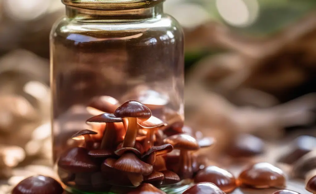 Close-up of a bottle filled with reishi mushroom supplement capsules surrounded by fresh reishi mushrooms on a wooden table under soft natural light.