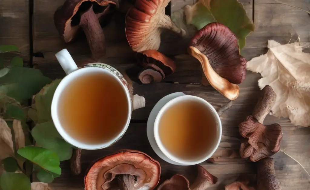 A steaming cup of reishi mushroom tea on a wooden table surrounded by dried reishi mushrooms and fresh green leaves.