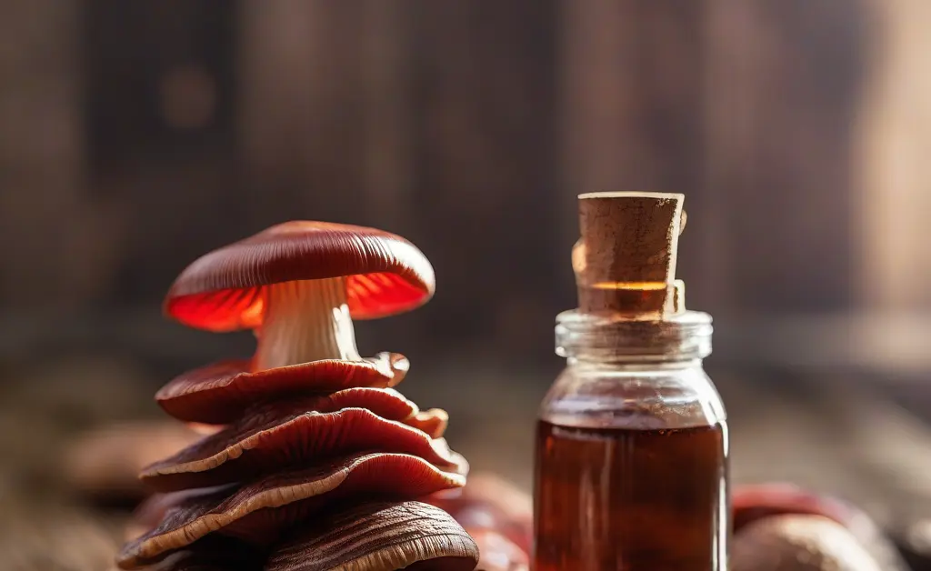 A close-up of a bottle of reishi mushroom tincture next to fresh reishi mushrooms on a wooden table in soft natural light.