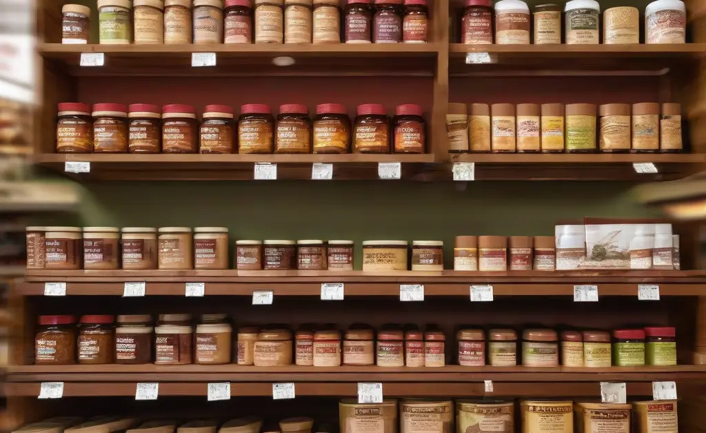 Close-up of reishi mushroom trader joe's products displayed on wooden shelves in a bright, natural light grocery store setting.