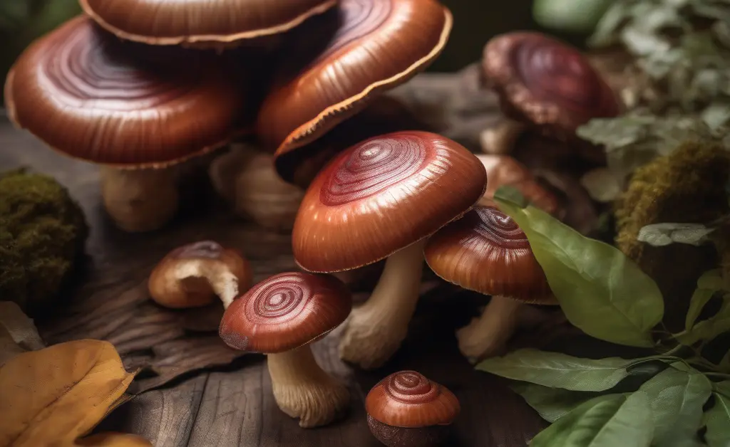 A close-up view of fresh reishi mushrooms on a wooden table highlighting the diverse applications with reishi mushroom uses in natural health settings