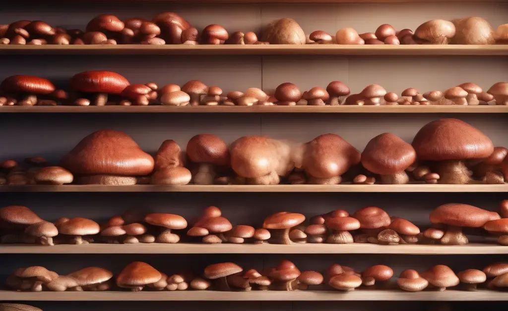 A close-up of reishi mushroom whole foods products displayed neatly on wooden shelves inside a natural health store.