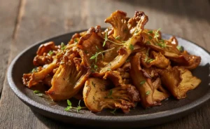 A beautiful serving of roasted maitake mushroom on a dark ceramic dish, highlighting its golden-brown crispy texture.