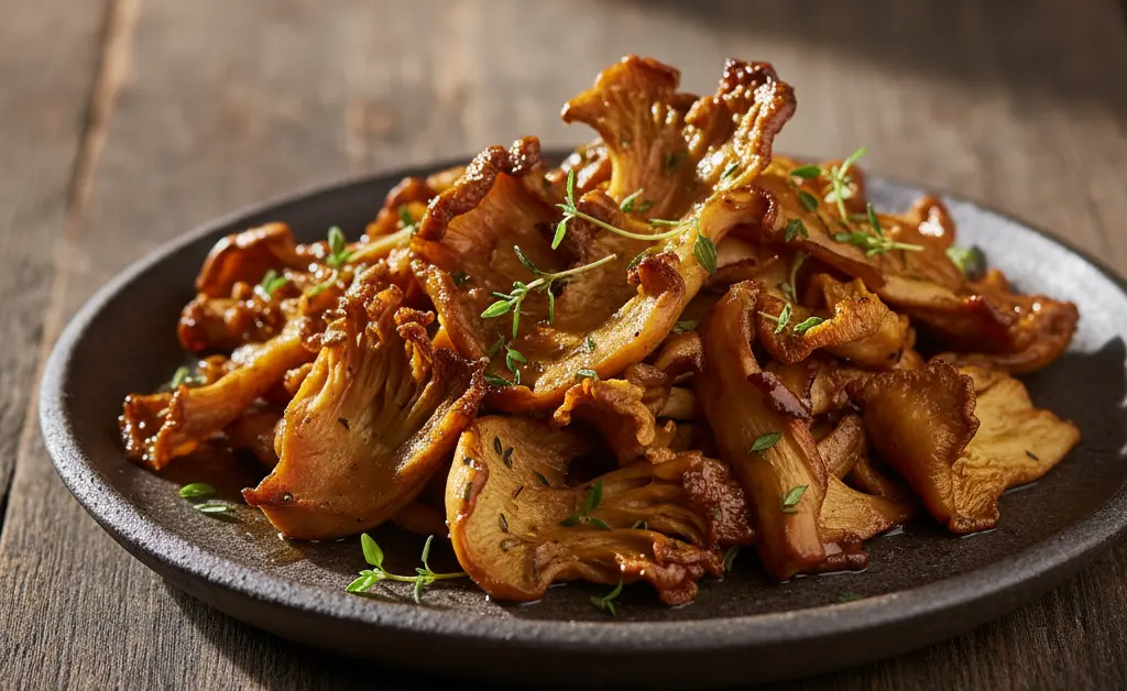 A beautiful serving of roasted maitake mushroom on a dark ceramic dish, highlighting its golden-brown crispy texture.