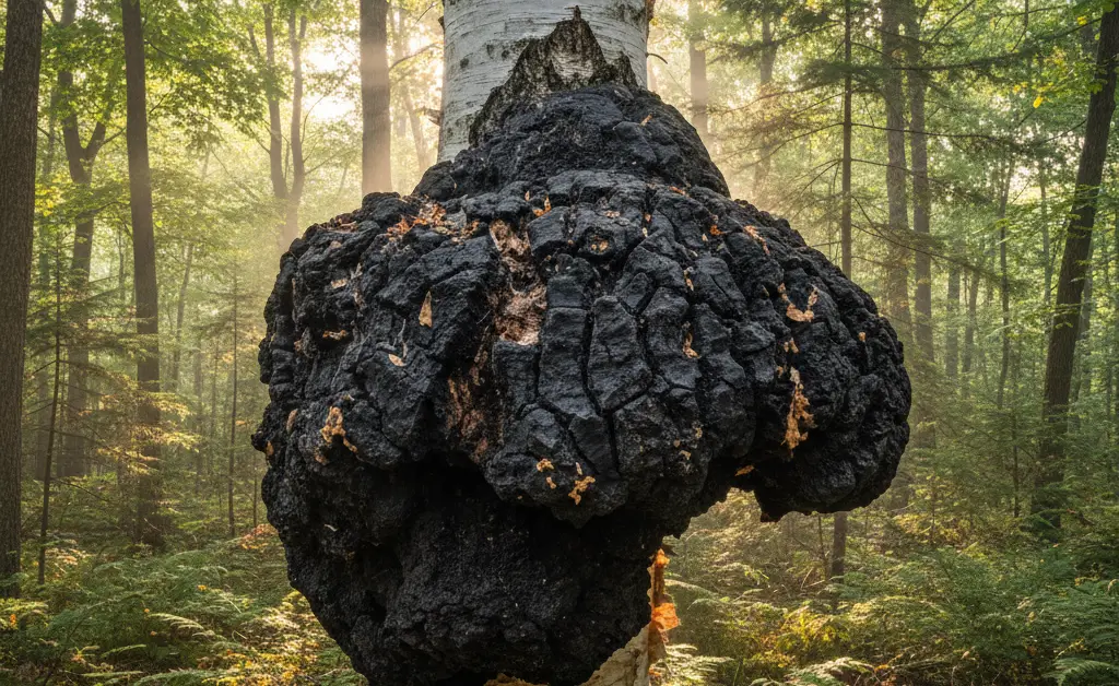 A large, dark chaga conk, a prime example of USA Chaga Mushrooms, grows on the side of a birch tree in a sunlit forest.