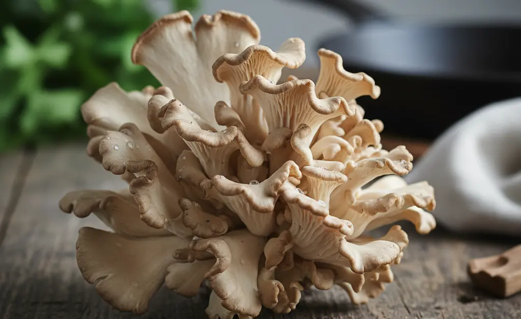 A guide explaining what does maitake mushroom taste like, featuring a close-up of the mushroom's intricate fronds.