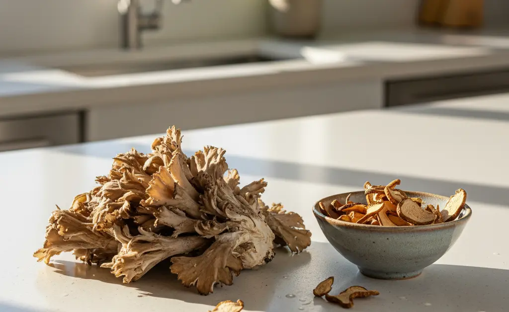 A display of fresh and dried fungi on a kitchen counter illustrates the different options for where to buy maitake mushroom.