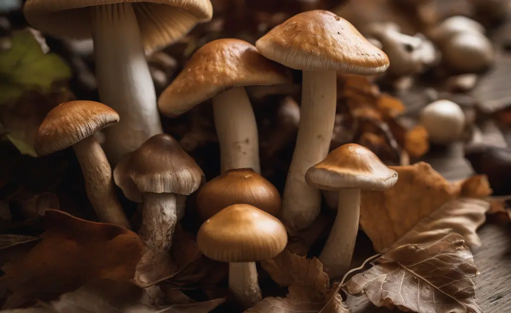 A close-up view of assorted mushrooms resting on a rustic wooden surface with scattered leaves.