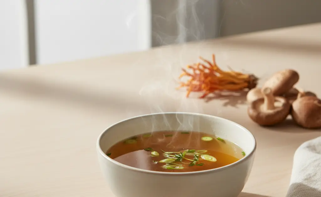 A serene bowl of mushroom broth gently steams, illustrating the question, can humans eat cordyceps?, with subtle hints of dried cordyceps mushrooms in the background.