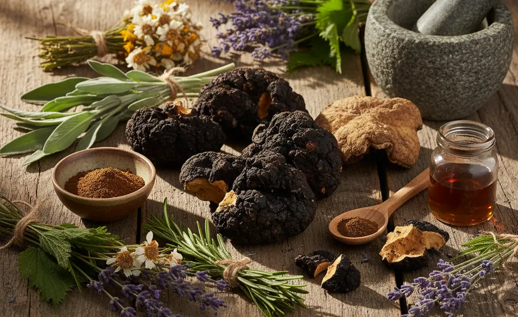 An artfully arranged collection of chaga mushroom specimens and natural herbal elements, symbolizing the exploration of chaga mushroom side effects.