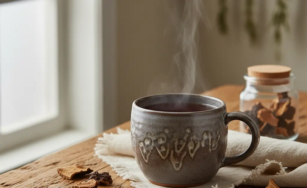 A steaming mug of chaga mushroom tea sits on a rustic wooden table, illustrating the chaga mushroom tea benefits.