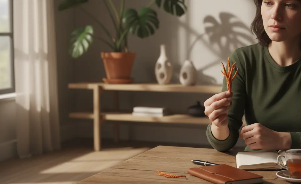 A thoughtful individual carefully examining a delicate, earthy-toned cordyceps mushroom, contemplating the possibility of cordyceps mushroom allergy.