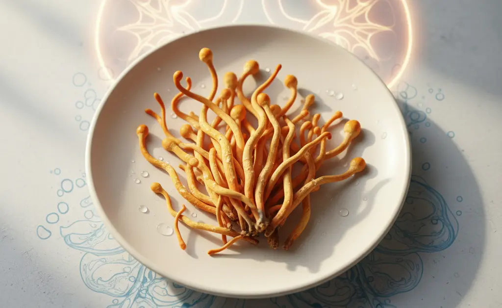 A serene still life composition showcasing the intricate beauty of the cordyceps mushroom alongside visual elements representing healthy kidney function.