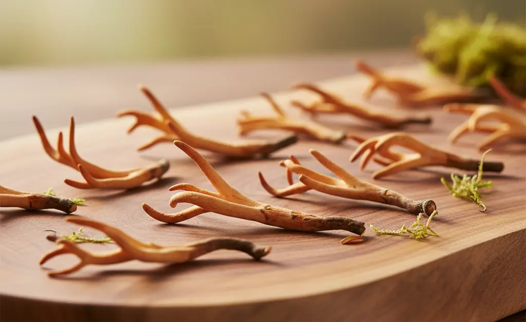 A close-up, artfully arranged shot highlighting the intricate textures and earthy tones of cordyceps mushrooms, symbolizing the multifaceted cordyceps mushroom benefits.