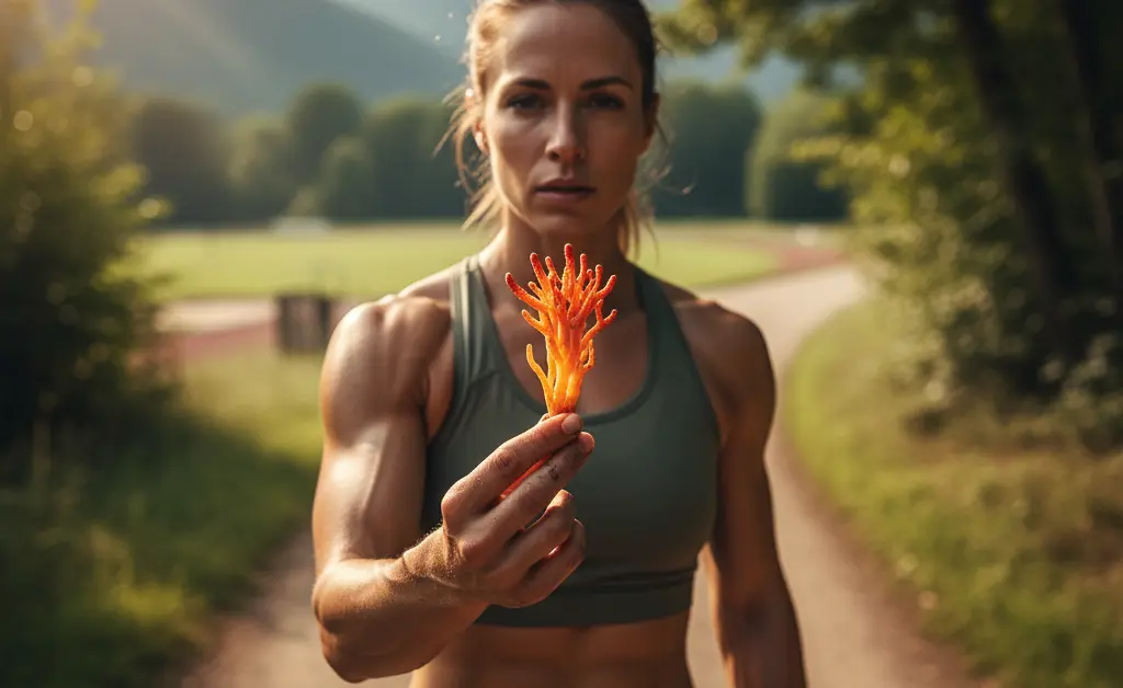An athlete with focused determination is shown holding a fresh cordyceps mushroom, symbolizing the exploration of cordyceps mushroom benefits for athletes.