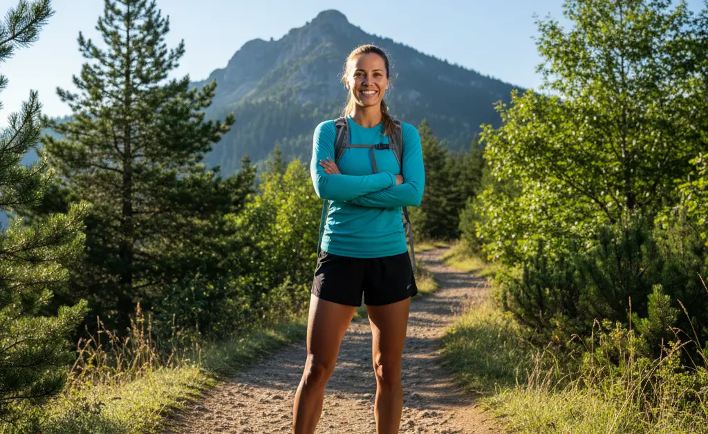 A vibrant and healthy individual enjoying a bright, sunlit morning hike, symbolizing the cordyceps mushroom benefits for energy.