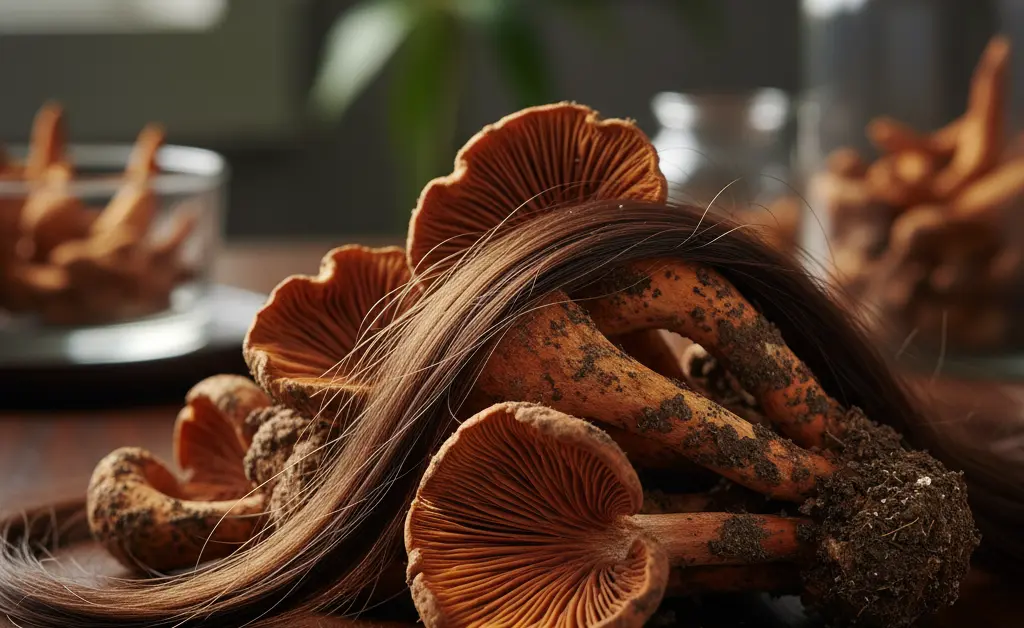 A close-up, photorealistic image showcasing the rich textures of cordyceps mushrooms alongside healthy, vibrant hair, illustrating the cordyceps mushroom benefits for hair.
