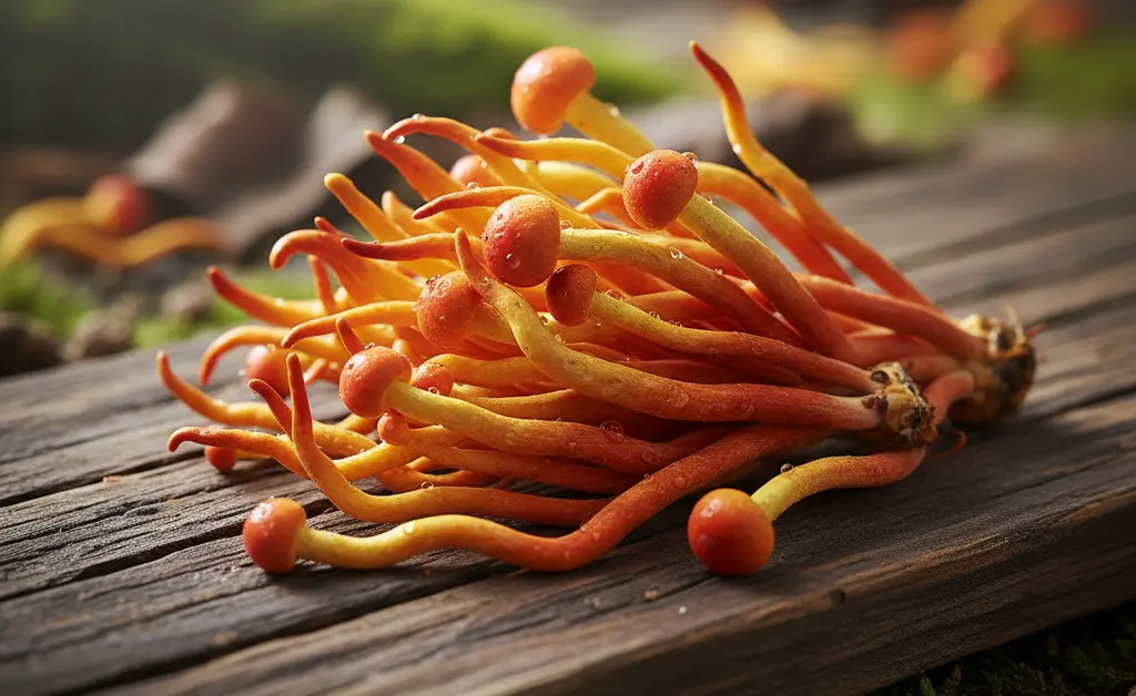 A close-up, editorial photograph showcasing vibrant, freshly harvested cordyceps mushrooms with a soft, natural bokeh background, subtly hinting at their cordyceps mushroom benefits for lungs.