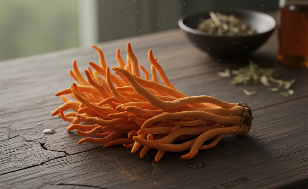 A close-up, photorealistic image showcasing the unique texture and color of cordyceps mushrooms, subtly hinting at the cordyceps mushroom benefits for men.