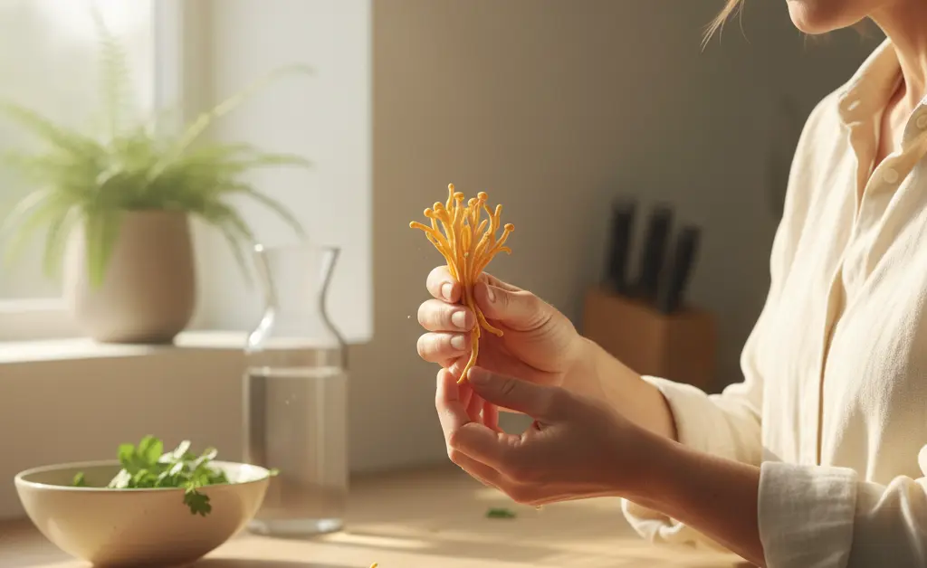 A person thoughtfully examining a cluster of vibrant cordyceps mushrooms, illustrating the potential cordyceps mushroom benefits for weight loss.