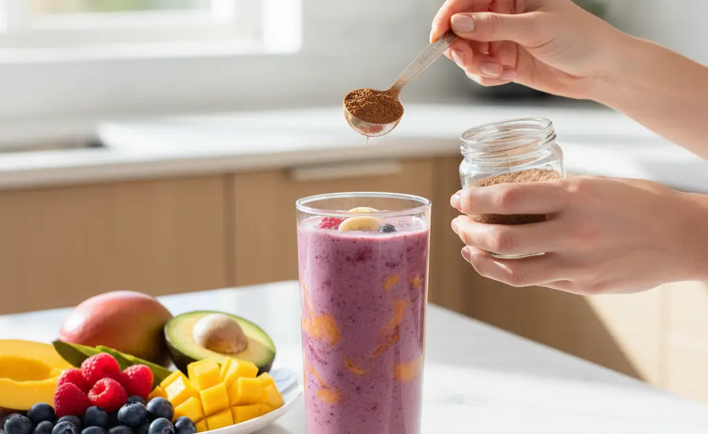 A woman gently incorporates a spoonful of fine powder into a vibrant fruit smoothie, symbolizing the exploration of cordyceps mushroom benefits for women.