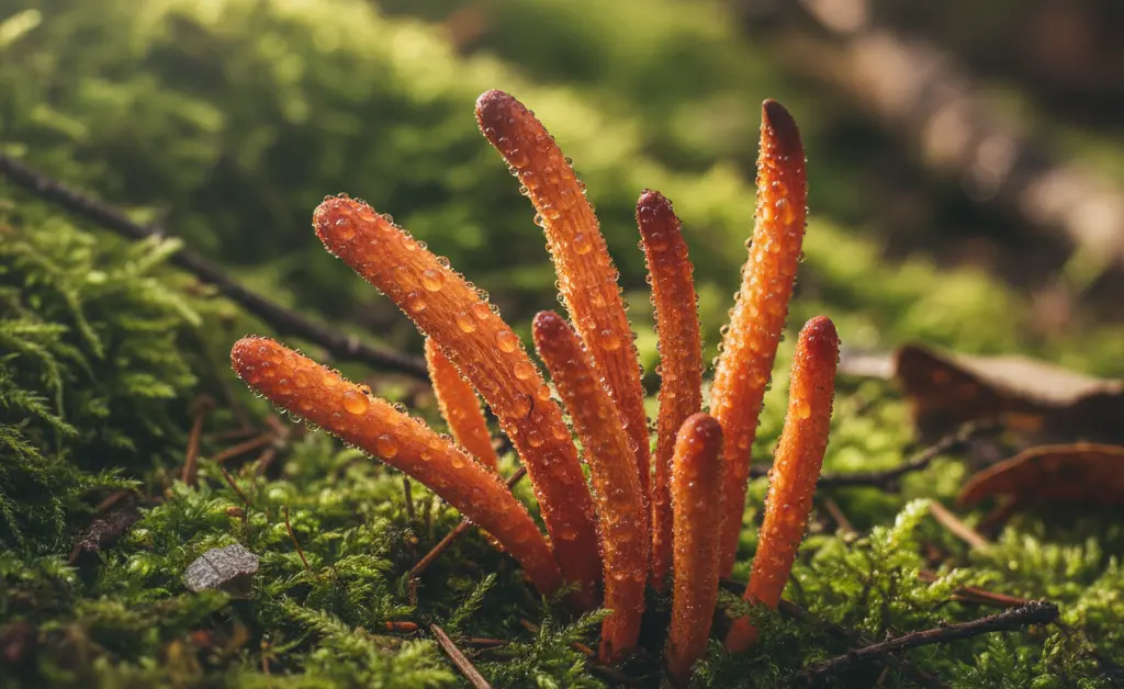 A close-up, dew-kissed shot showcasing the natural beauty of cordyceps mushroom, hinting at its potential cordyceps mushroom for skin.