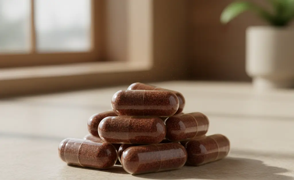 A vibrant, high-angle shot showcases a scattering of clear capsules filled with rich, earthy cordyceps mushroom powder, hinting at the cordyceps mushroom capsules benefits.