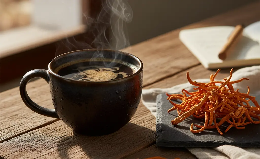 A steaming mug of coffee with dried cordyceps mushrooms artfully arranged around it, illustrating the cordyceps mushroom coffee benefits.