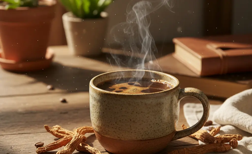 A steaming mug of cordyceps mushroom coffee sits on a rustic wooden table, inviting a moment of mindful enjoyment.