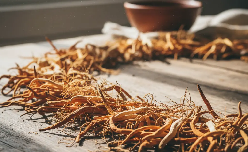 A close-up shot showcases the rich textures and earthy tones of dried cordyceps mushrooms, providing a visual reference for optimal cordyceps mushroom dosage.