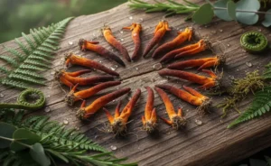 A visually appealing display featuring the potent cordyceps mushroom alongside vibrant green leaves.