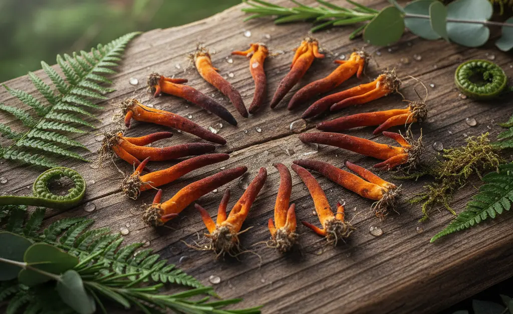A visually appealing display featuring the potent cordyceps mushroom alongside vibrant green leaves.